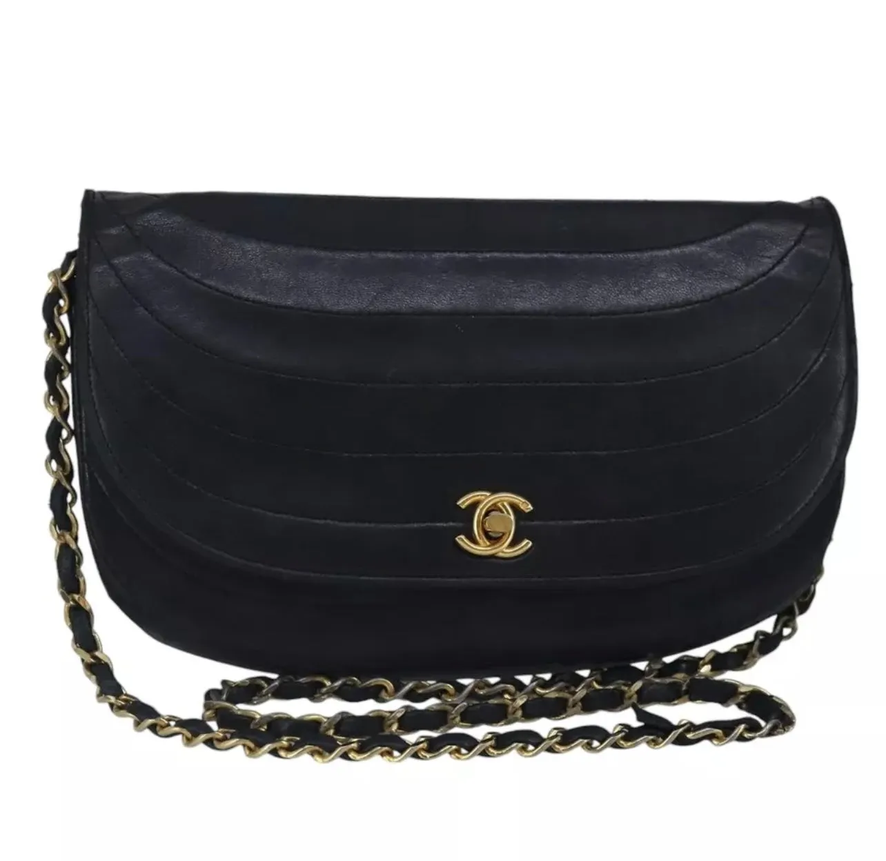 RARE VINTAGE CHANEL Chain Shoulder Bag Lamb Skin Black Gold sold by Banks Jewelry