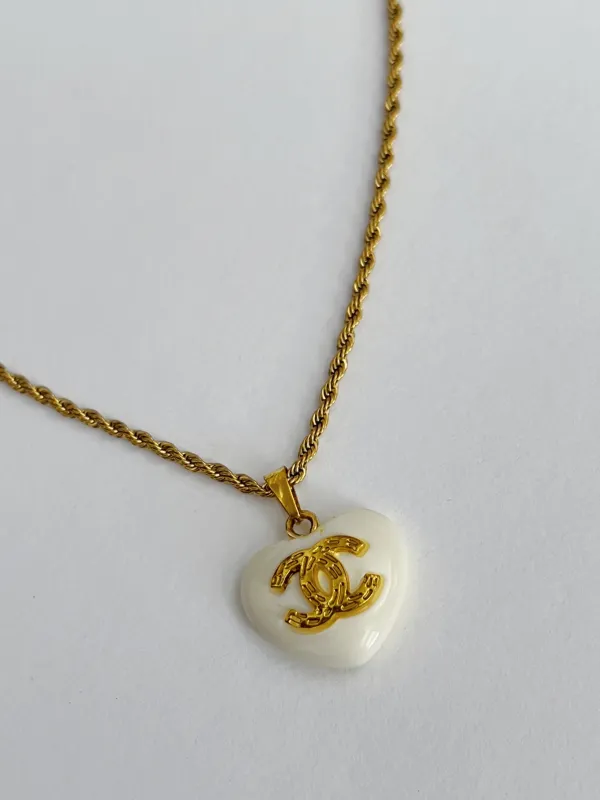 Heart Chanel Charm Vintage Refurbished Designer Pendant Button necklace sold by Banks Jewelry