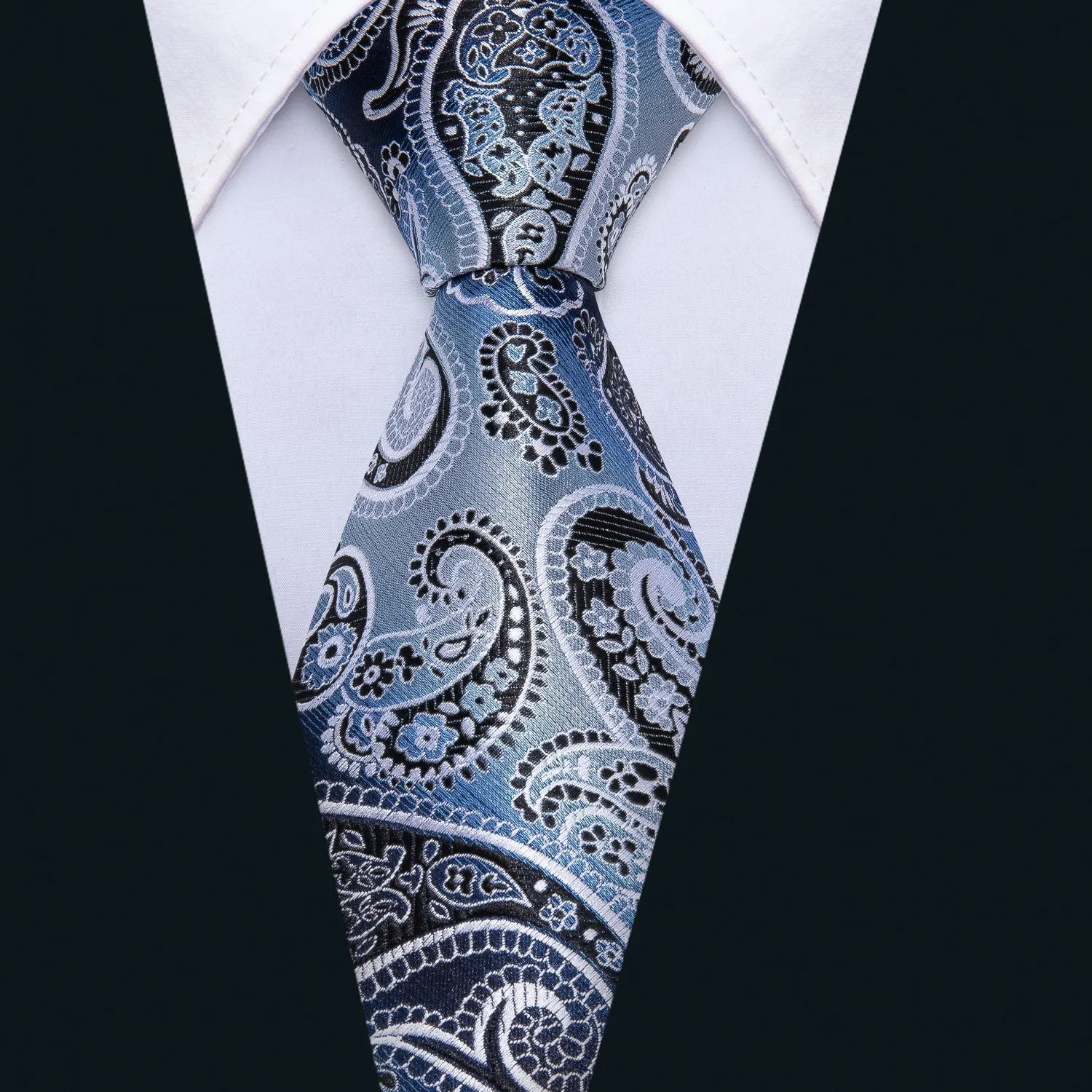 Barry. Wang Necktie Blue Black Paisley Tie Pocket Square Cufflinks Set sold by Barrywang product image thumbnail 2