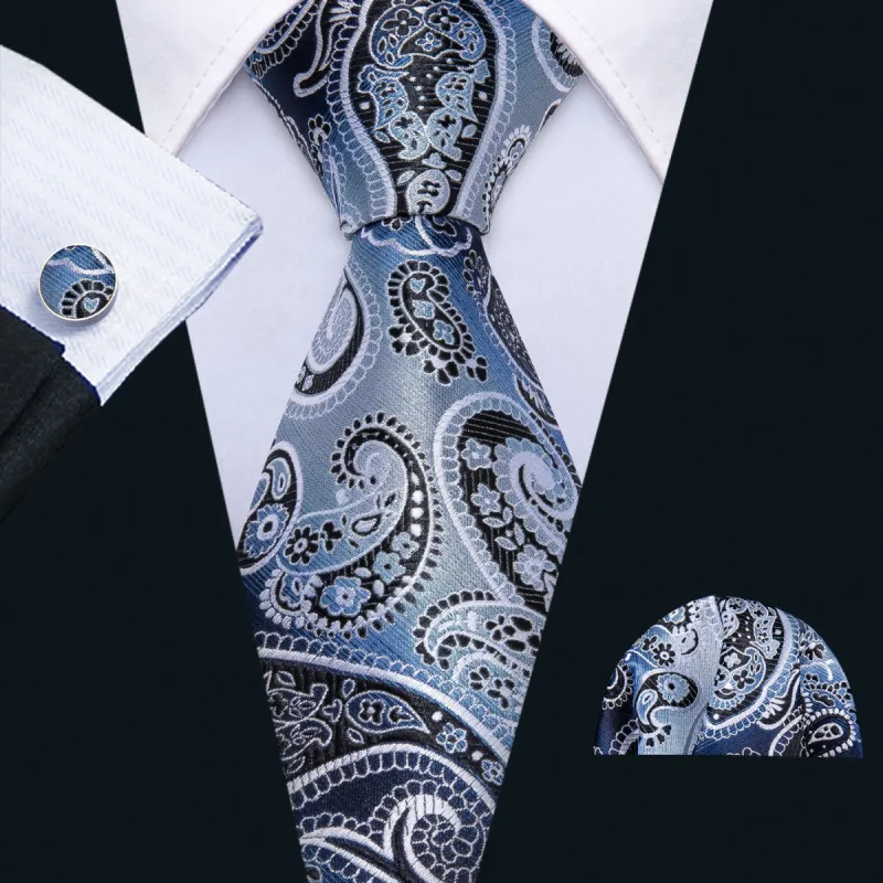 Barry. Wang Necktie Blue Black Paisley Tie Pocket Square Cufflinks Set sold by Barrywang