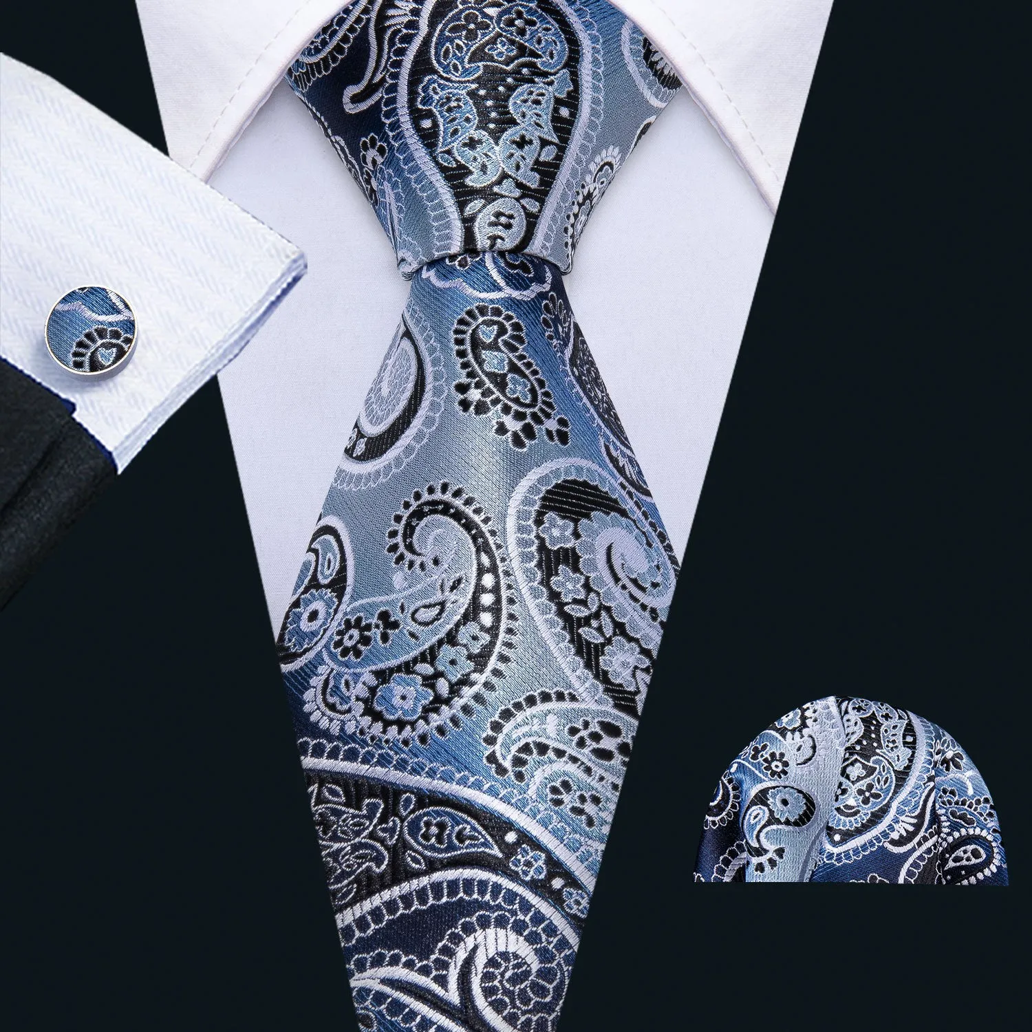 Barry. Wang Necktie Blue Black Paisley Tie Pocket Square Cufflinks Set sold by Barrywang