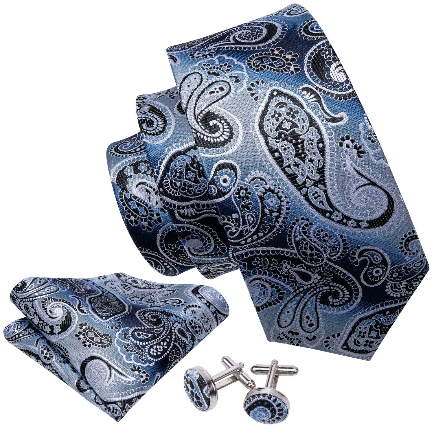 Barry. Wang Necktie Blue Black Paisley Tie Pocket Square Cufflinks Set sold by Barrywang product image thumbnail 4