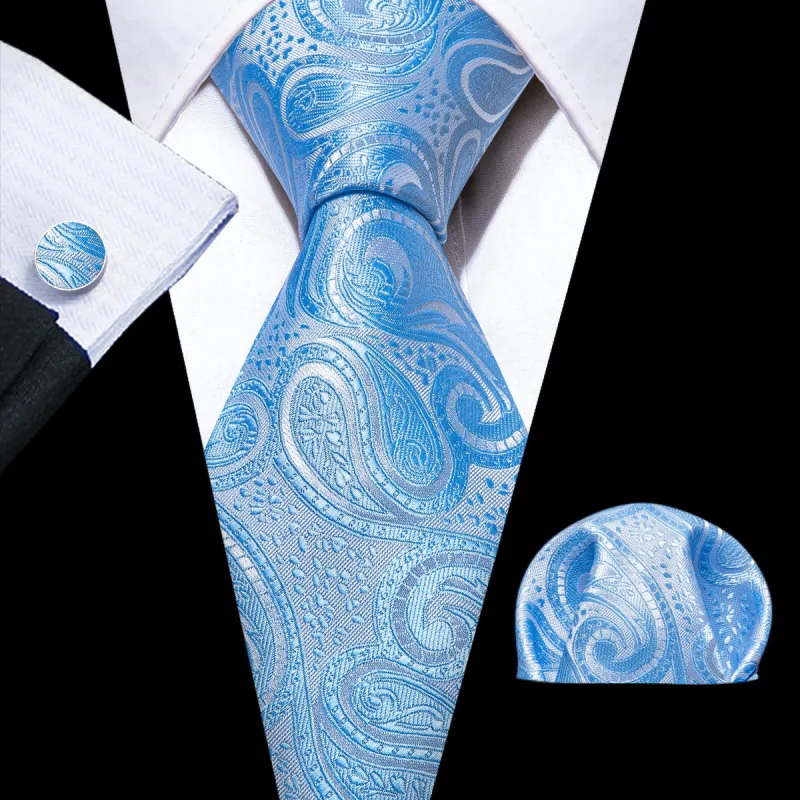 Barry Wang Light Blue Silver Paisley Men's Silk Business Necktie Set sold by Barrywang