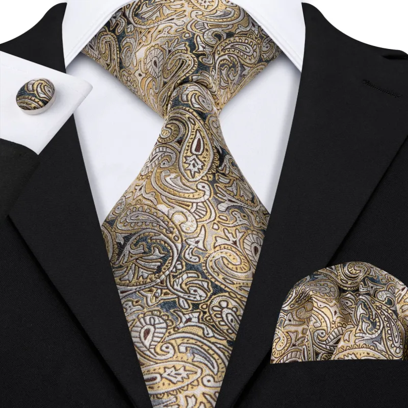 Barry Wang Tan Yellow Grey Paisley Necktie Pocket Square Cufflinks Set sold by Barrywang