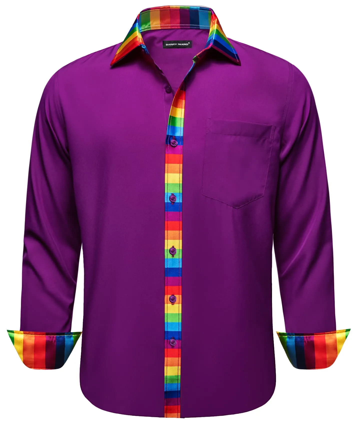 Barry Wang Purple Silk Shirt Splicing Rainbow Color Collar Cuff Shirt sold by Barrywang product image thumbnail 2