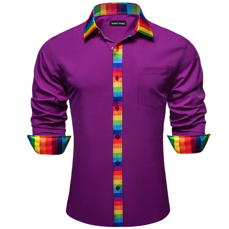 Barry Wang Purple Silk Shirt Splicing Rainbow Color Collar Cuff Shirt sold by Barrywang