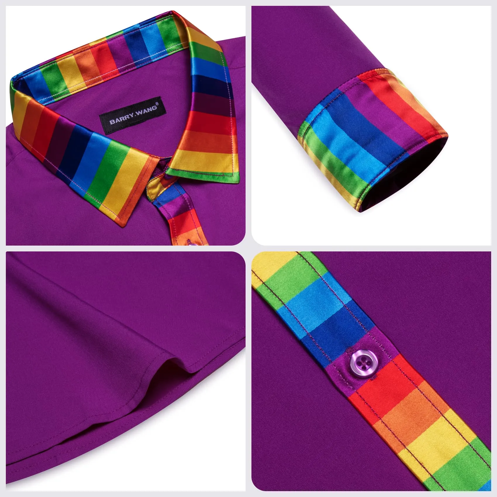 Barry Wang Purple Silk Shirt Splicing Rainbow Color Collar Cuff Shirt sold by Barrywang product image thumbnail 4