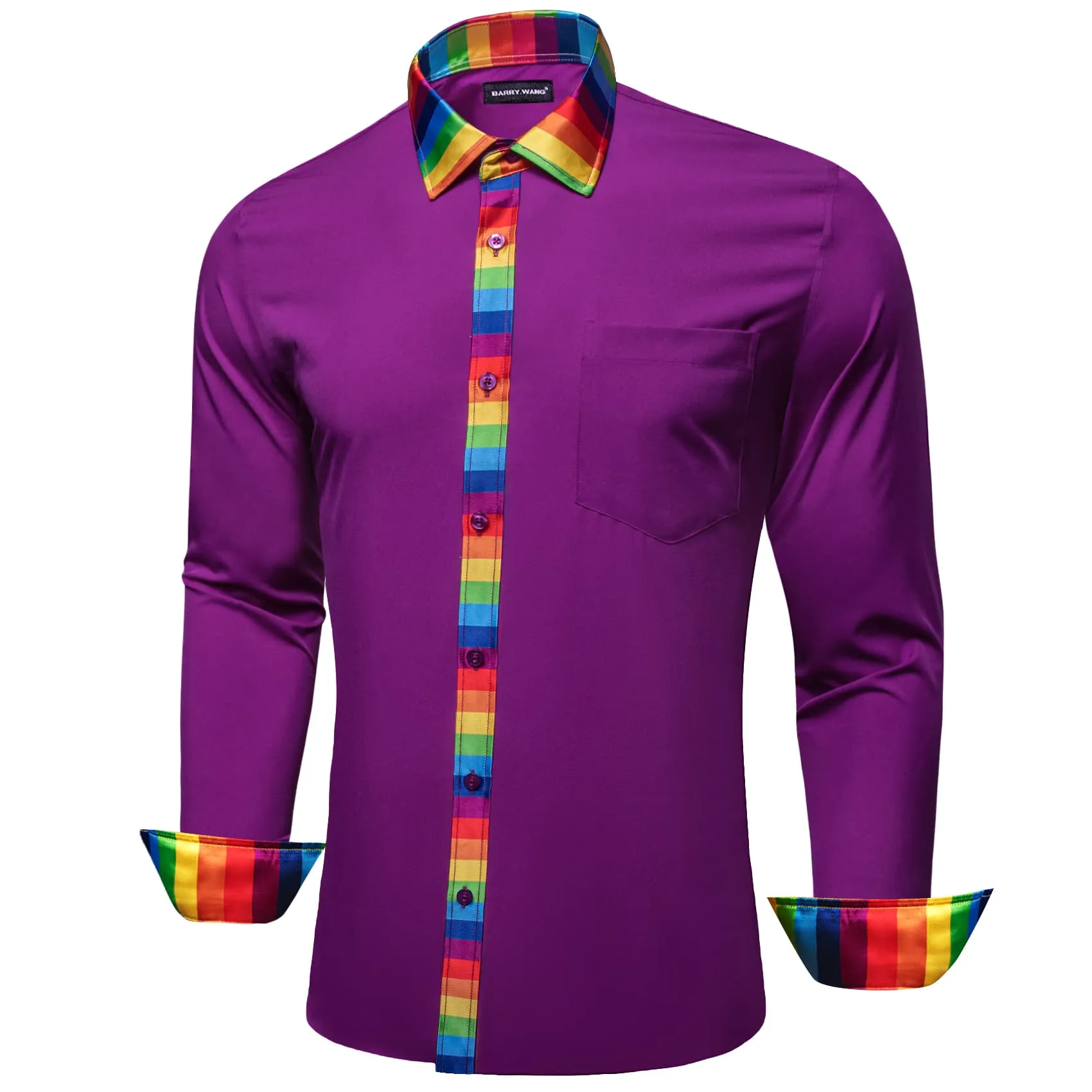 Barry Wang Purple Silk Shirt Splicing Rainbow Color Collar Cuff Shirt sold by Barrywang product image thumbnail 5