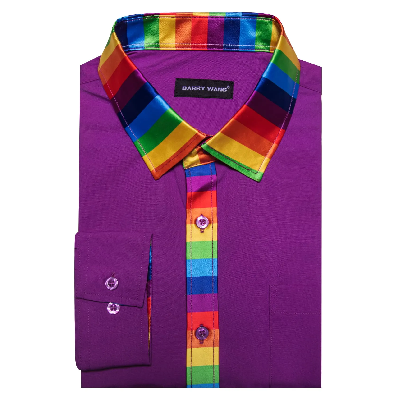 Barry Wang Purple Silk Shirt Splicing Rainbow Color Collar Cuff Shirt sold by Barrywang product image thumbnail 3