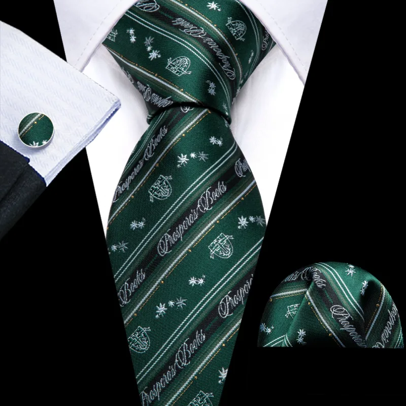 Barry. Wang Dark Green Floral Striped Silk Tie Handkerchief Cufflinks Set sold by Barrywang