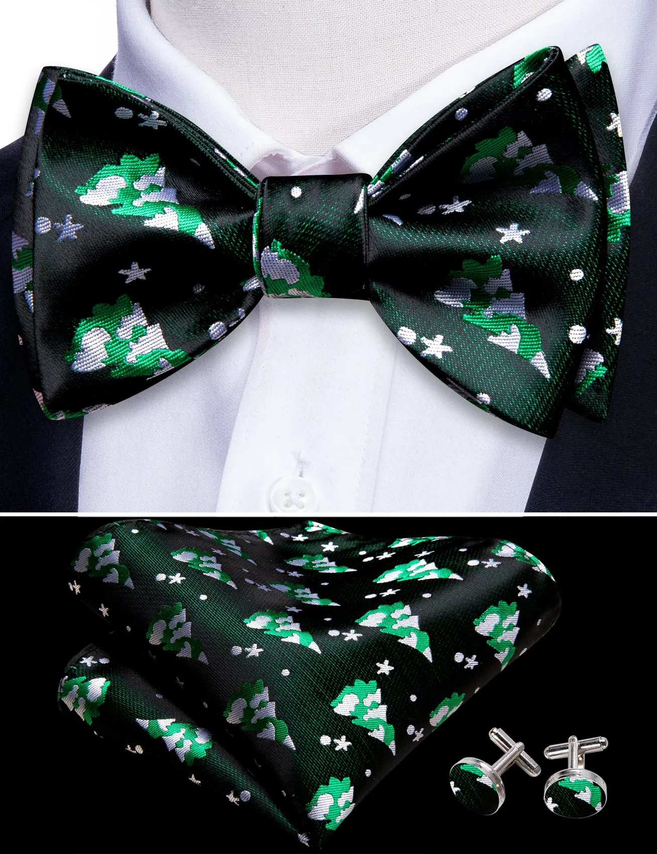 Barry Wang Christmas Black Green Xmas Tree Self Tied Mens Bow Tie Set sold by Barrywang product image thumbnail 4