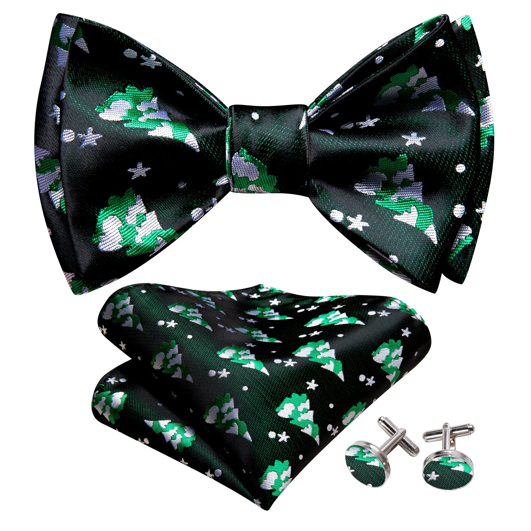Barry Wang Christmas Black Green Xmas Tree Self Tied Mens Bow Tie Set sold by Barrywang