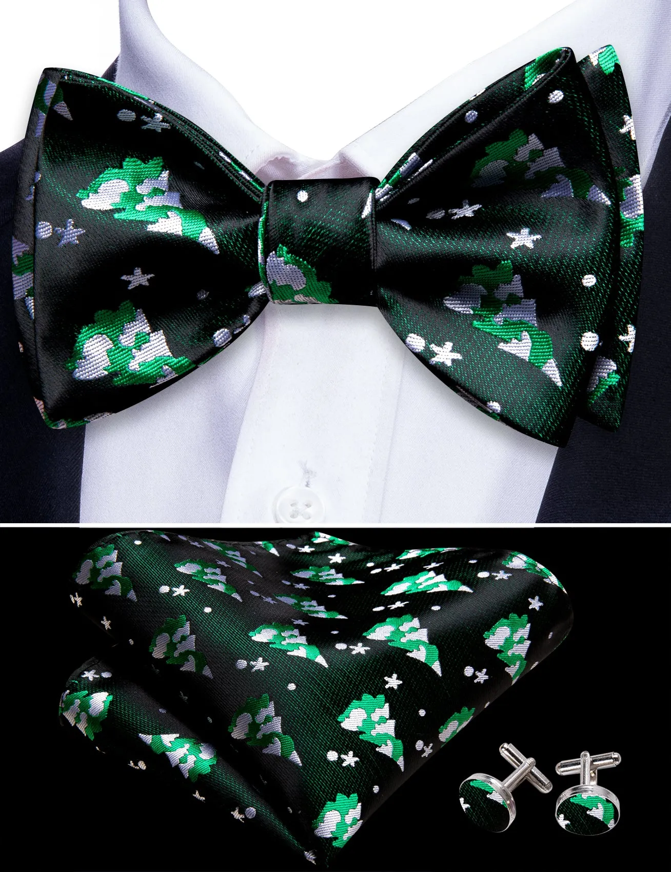 Barry Wang Christmas Black Green Xmas Tree Self Tied Mens Bow Tie Set sold by Barrywang product image thumbnail 5