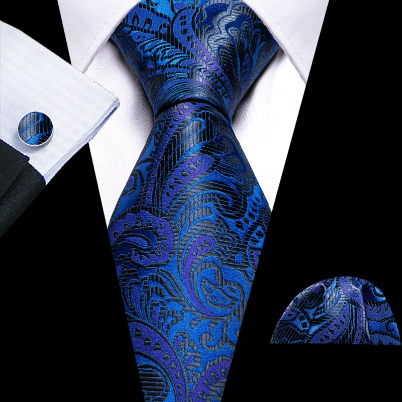 Barry Wang Dark Blue Tie Shining Black Blue Paisley Men's Silk Tie Set sold by Barrywang