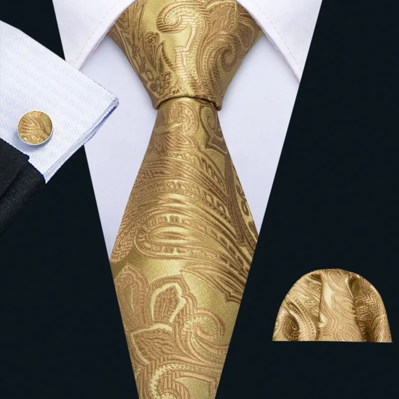 Barry Wang Paisley Golden Floral Necktie Pocket Square Cufflinks Set sold by Barrywang