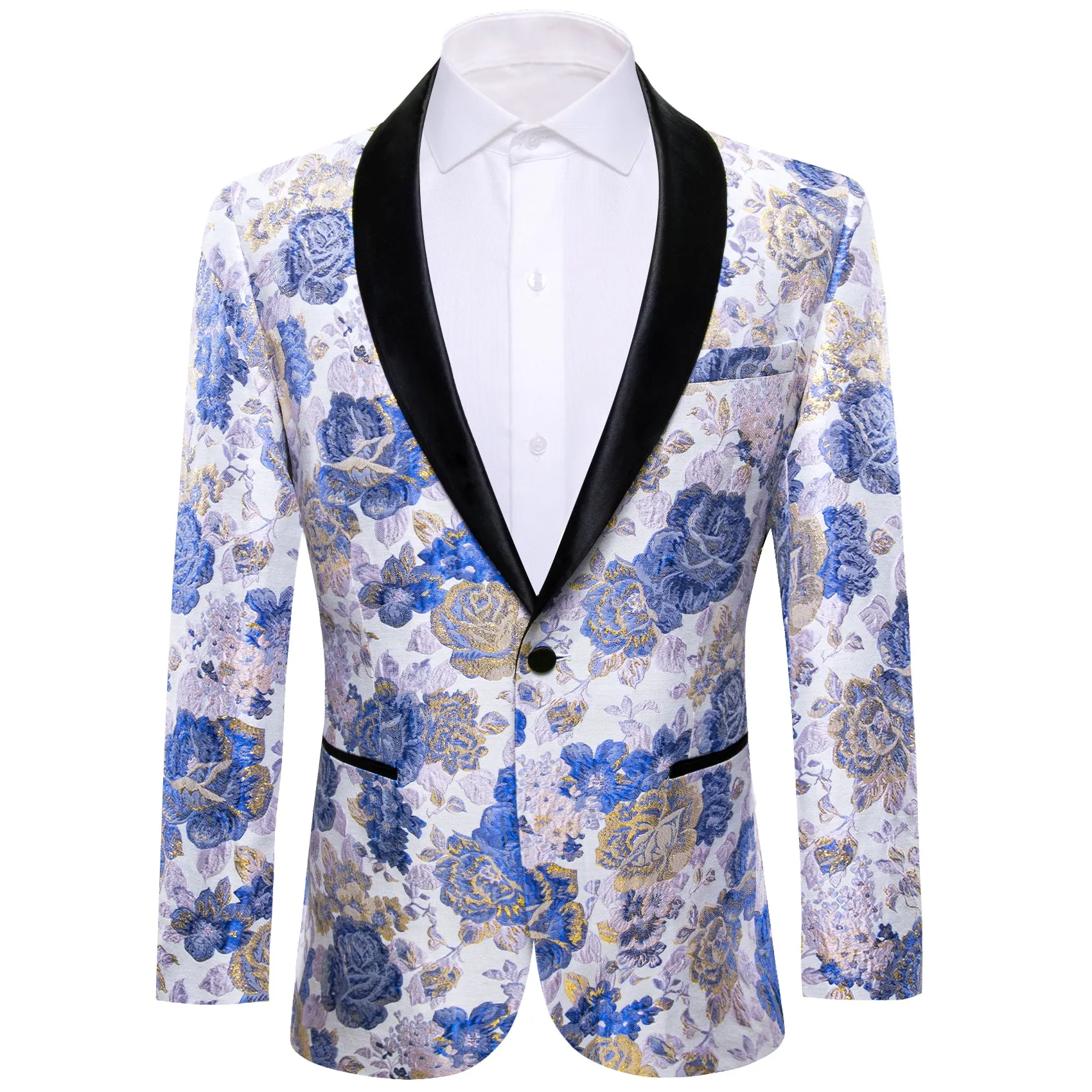 Barry. Wang Men's Dress Party Blue White Flower Suit Jacket Slim One Button Stylish Blazer sold by Barrywang