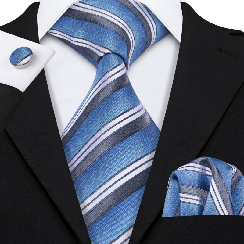 Barry. Wang Sky Blue Neckties Striped Tie Pocket Square Cufflinks Set sold by Barrywang