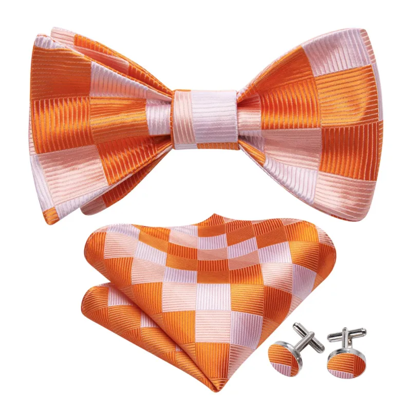 Orange White Plaid Silk Bow Tie Hanky Cufflinks Set sold by Barrywang