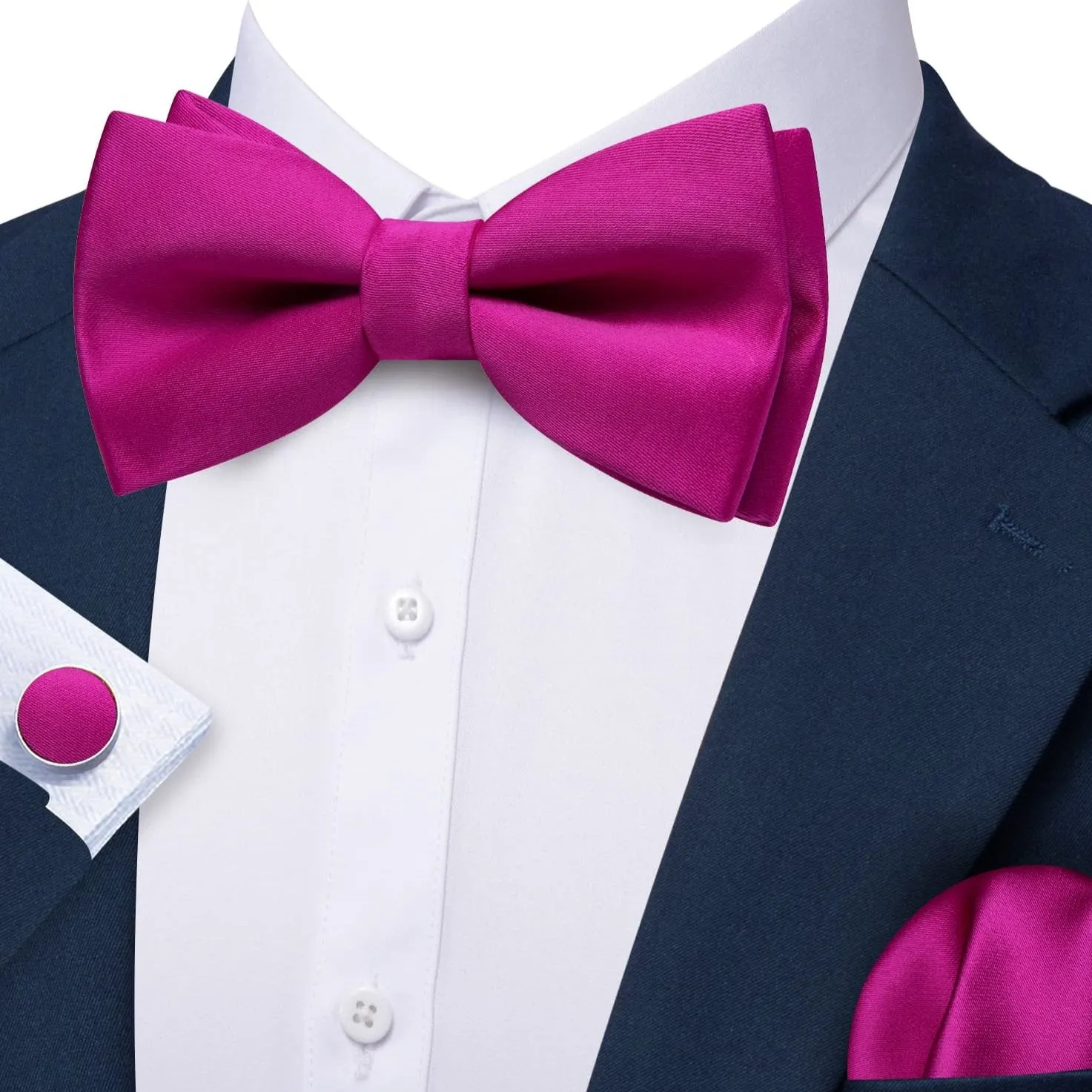 Barry Wang Hot Pink Silk Pre-Tied Bow Tie Hanky Cufflinks Set for Men sold by Barrywang