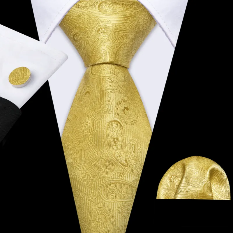 Barry Wang Gold Neckties Paisley Silk Tie Handkerchief Cufflinks Set sold by Barrywang