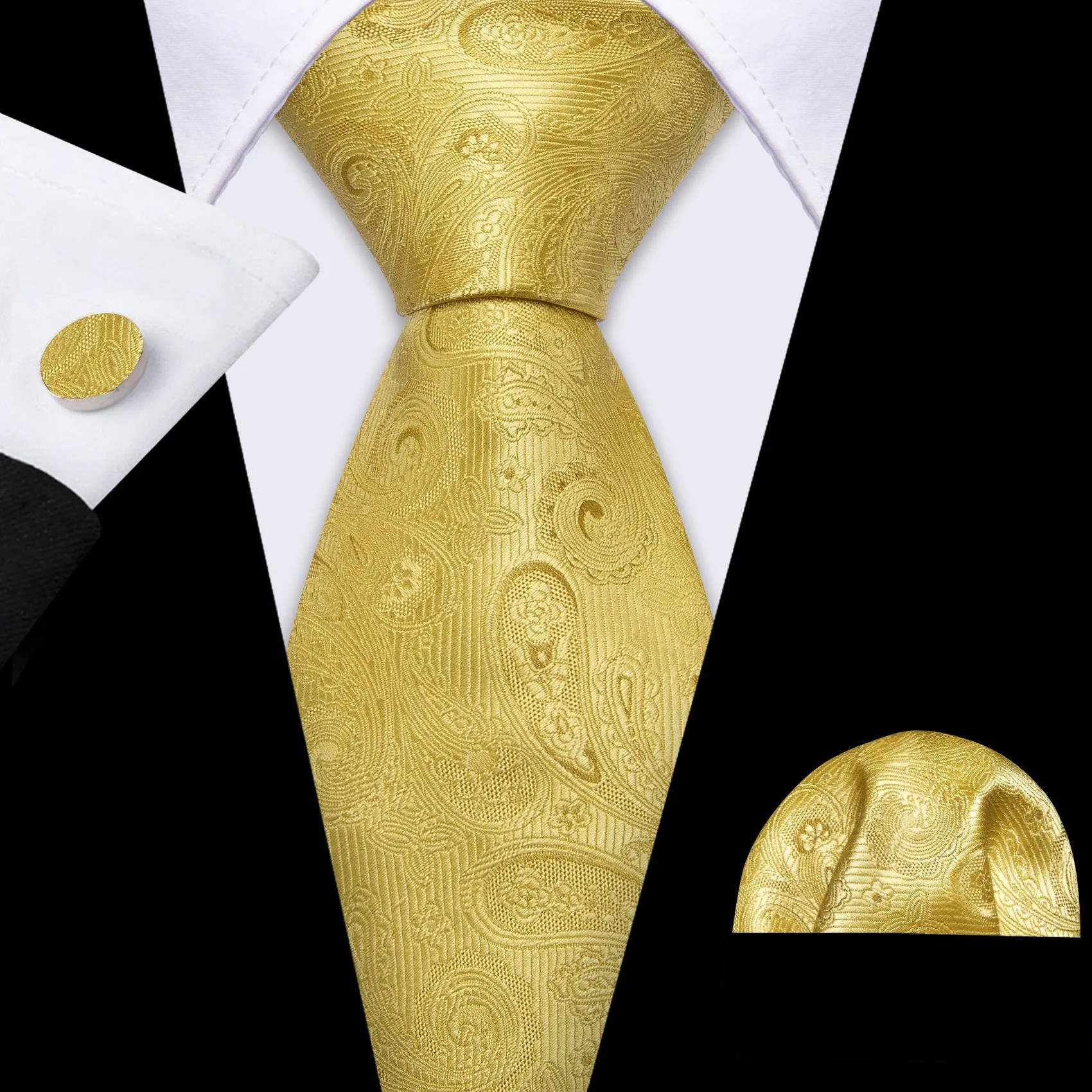 Barry Wang Gold Neckties Paisley Silk Tie Handkerchief Cufflinks Set sold by Barrywang