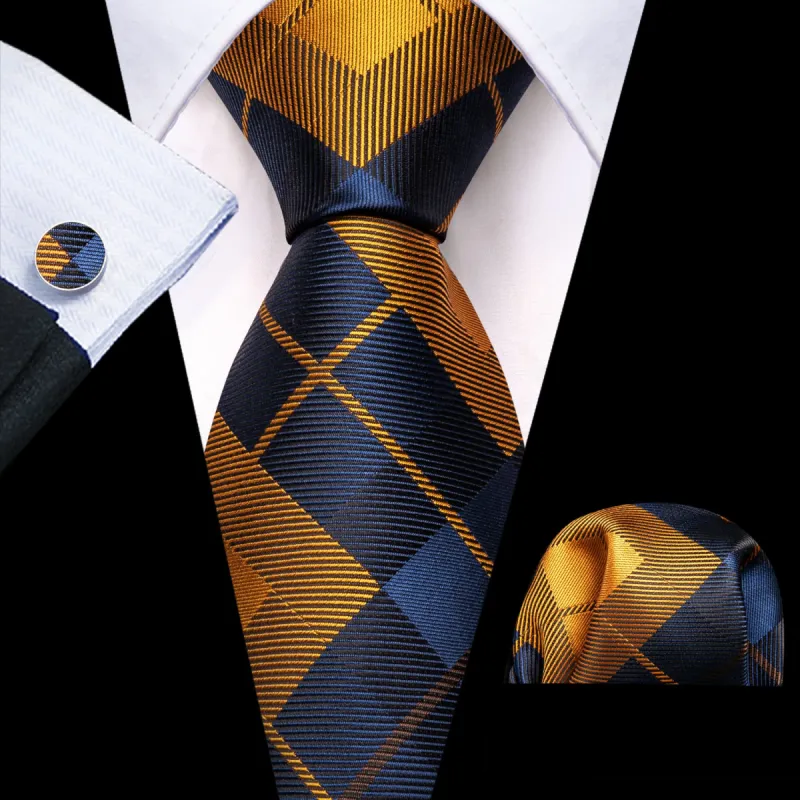 Barry Wang Plaid Tie Blue Golden Checkered Necktie and Cufflink Set sold by Barrywang