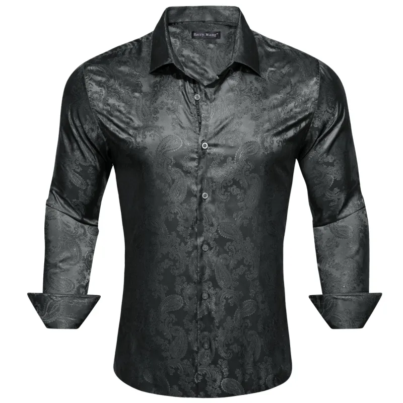 Barry Wang Black Dark Grey Paisley Silk Men's Button-Down Dinner Shirt sold by Barrywang