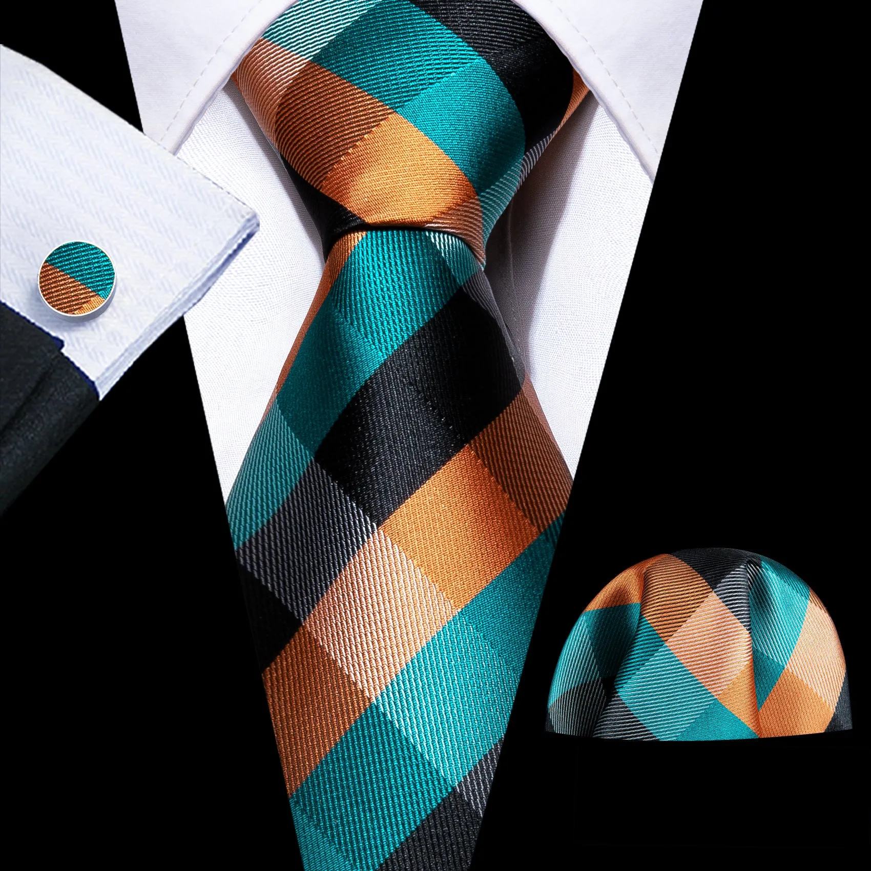 Barry. Wang Blue Orange Ties Plaid Silk Tie Handkerchief Cufflinks Set sold by Barrywang