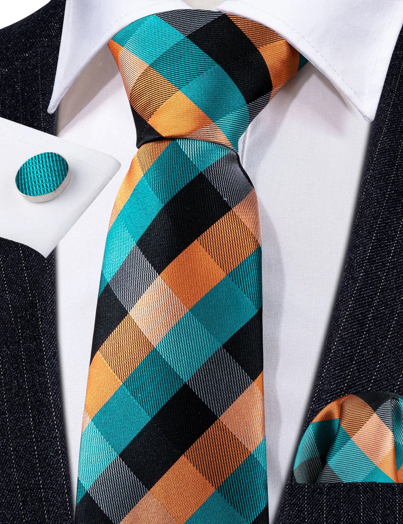 Barry. Wang Blue Orange Ties Plaid Silk Tie Handkerchief Cufflinks Set sold by Barrywang product image thumbnail 5