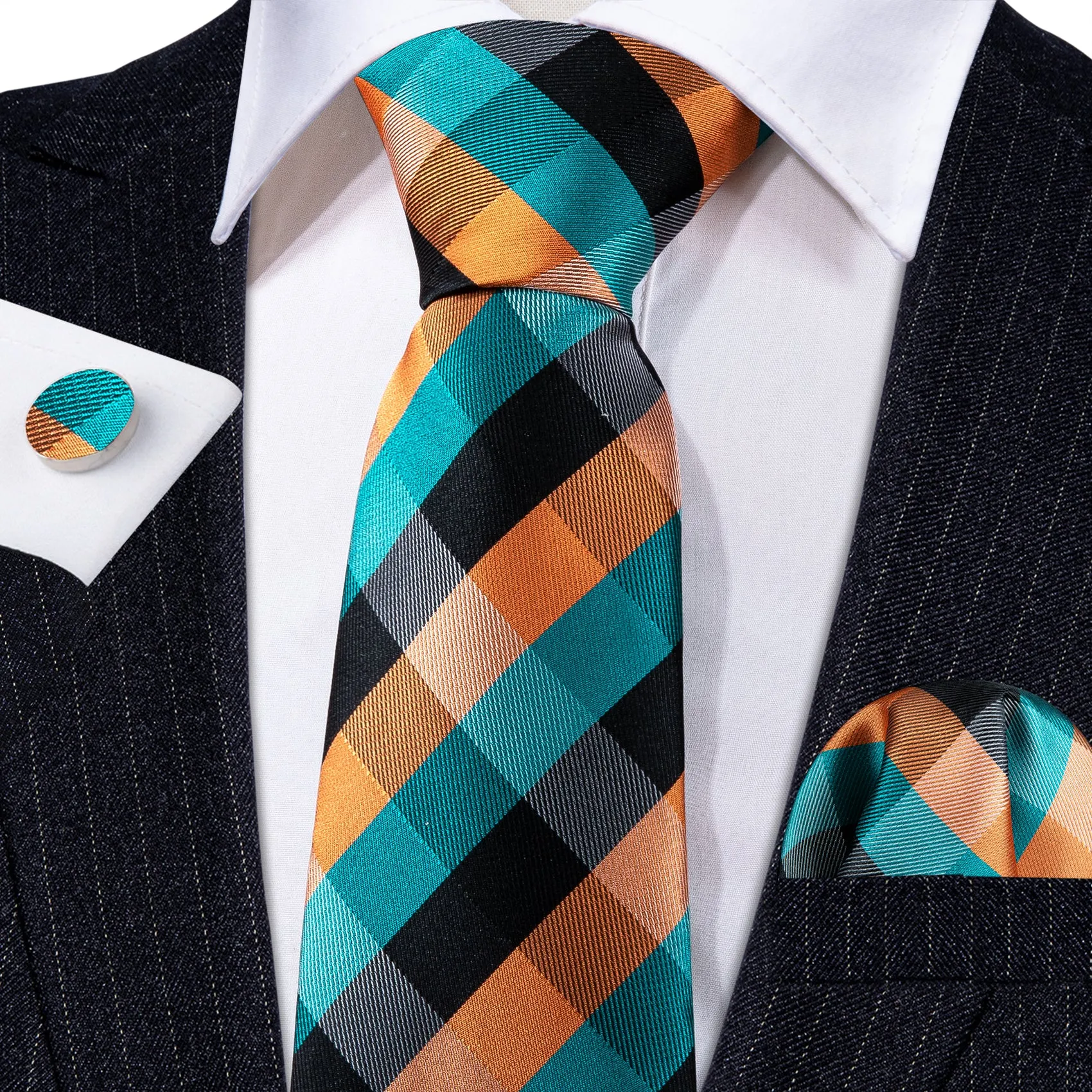Barry. Wang Blue Orange Ties Plaid Silk Tie Handkerchief Cufflinks Set sold by Barrywang product image thumbnail 2