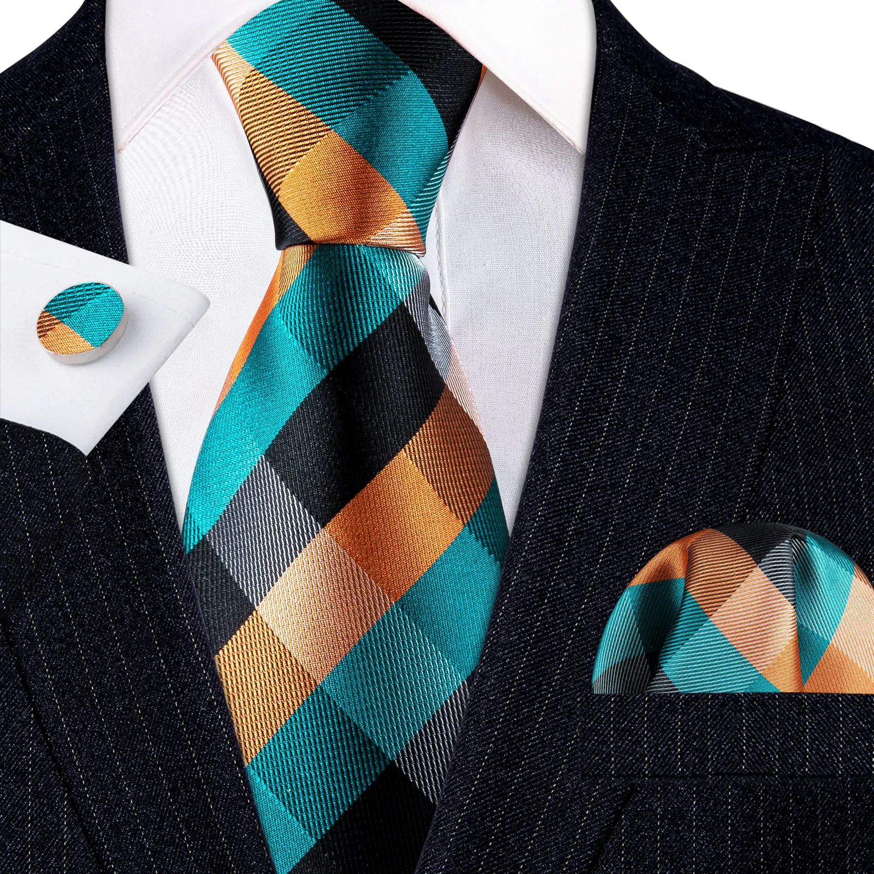 Barry. Wang Blue Orange Ties Plaid Silk Tie Handkerchief Cufflinks Set sold by Barrywang product image thumbnail 4