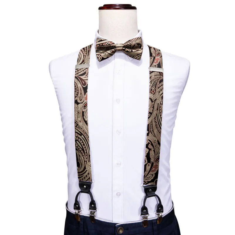 Luxury Gold Brown Paisley Y Back Adjustable Suspenders Bow Tie Set sold by Barrywang