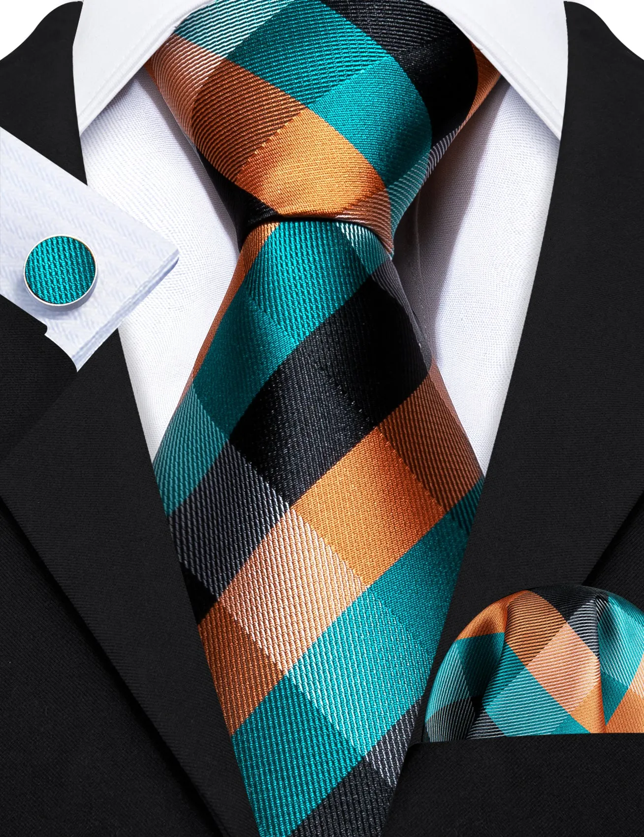 Barry. Wang Blue Orange Ties Plaid Silk Tie Handkerchief Cufflinks Set sold by Barrywang product image thumbnail 3