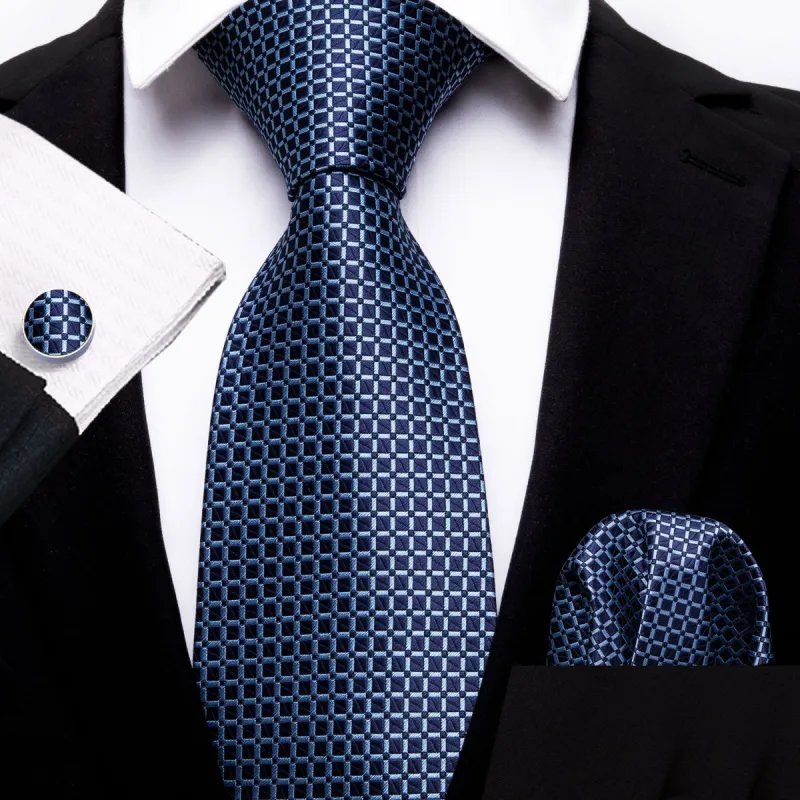 Barry. Wang Dark Blue Plaid Office Men Tie Pocket Square Cufflinks Set sold by Barrywang