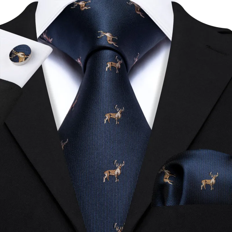 Barry Wang Deep Blue Deer Floral Silk Necktie Hanky Cufflinks Set sold by Barrywang