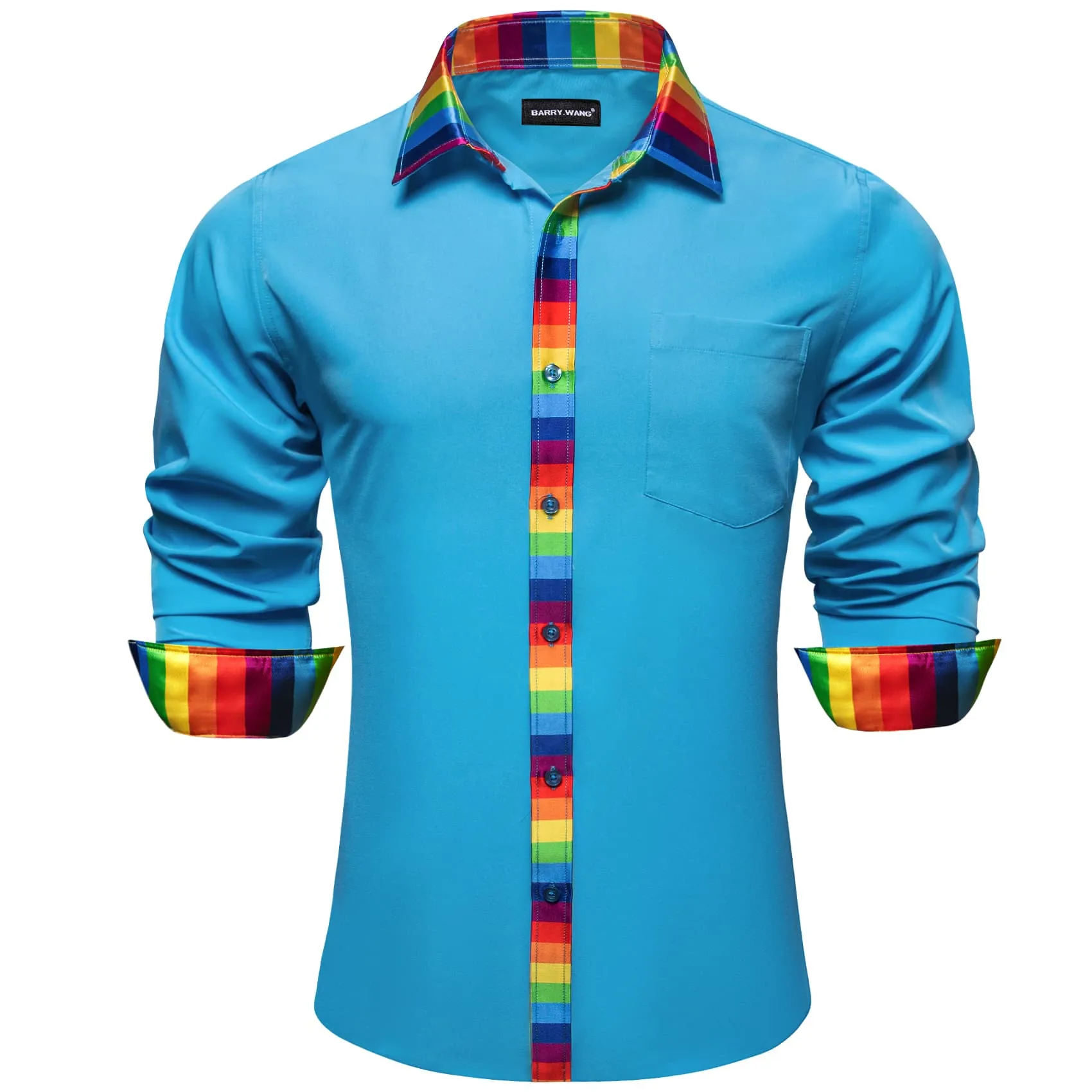 Barry Wang Splicing Collar Cuffs Shirt Bright Cerulean Blue Men Shirt sold by Barrywang
