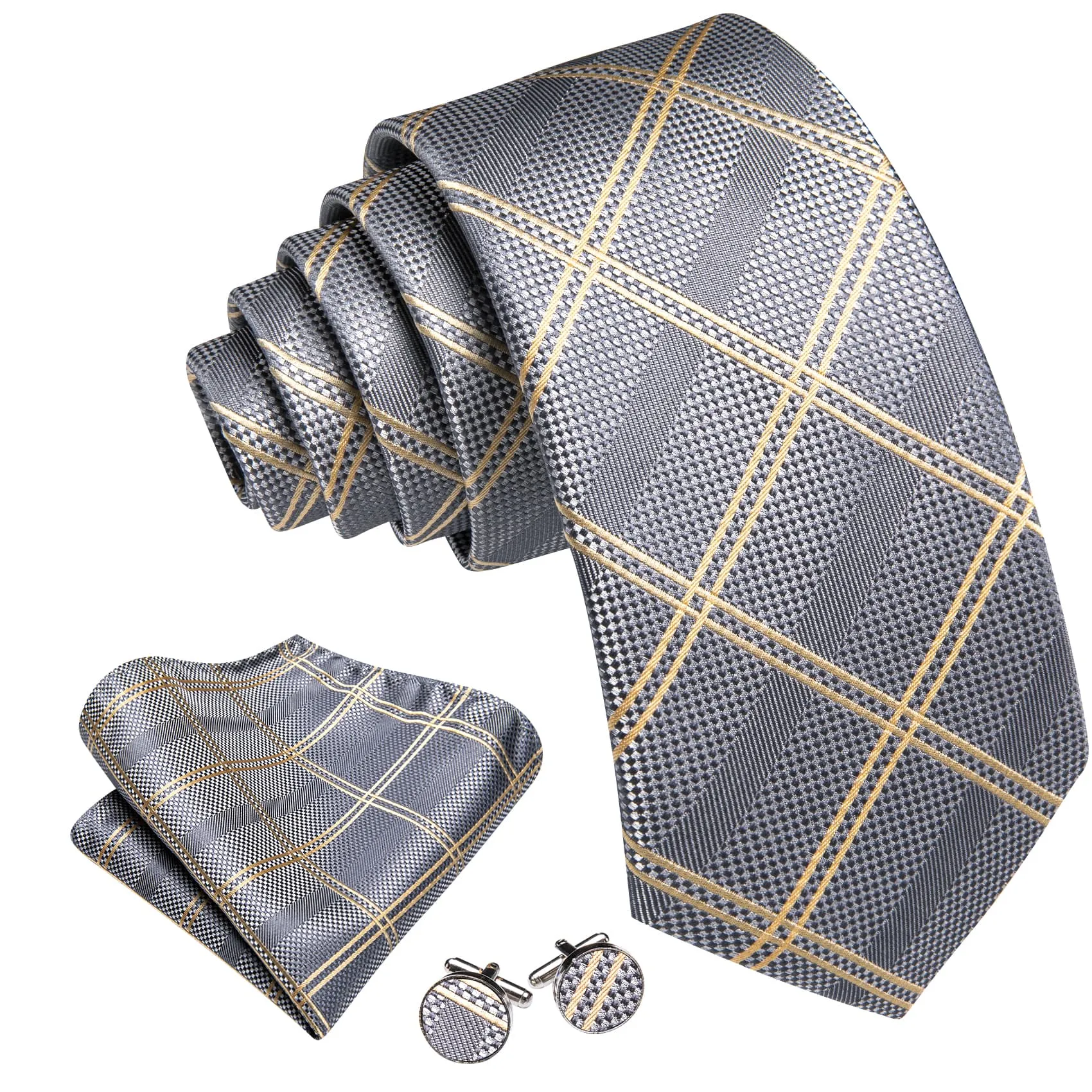 Barry. Wang Mens Grey Plaid Tie Beige Checkered Necktie Set sold by Barrywang product image thumbnail 2