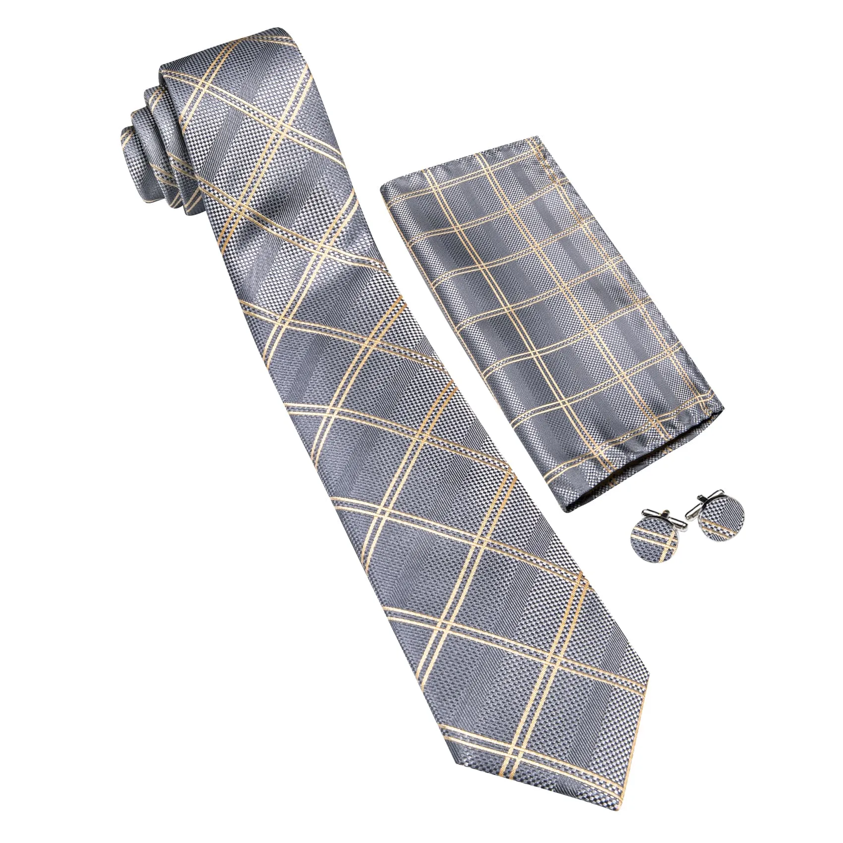 Barry. Wang Mens Grey Plaid Tie Beige Checkered Necktie Set sold by Barrywang product image thumbnail 5