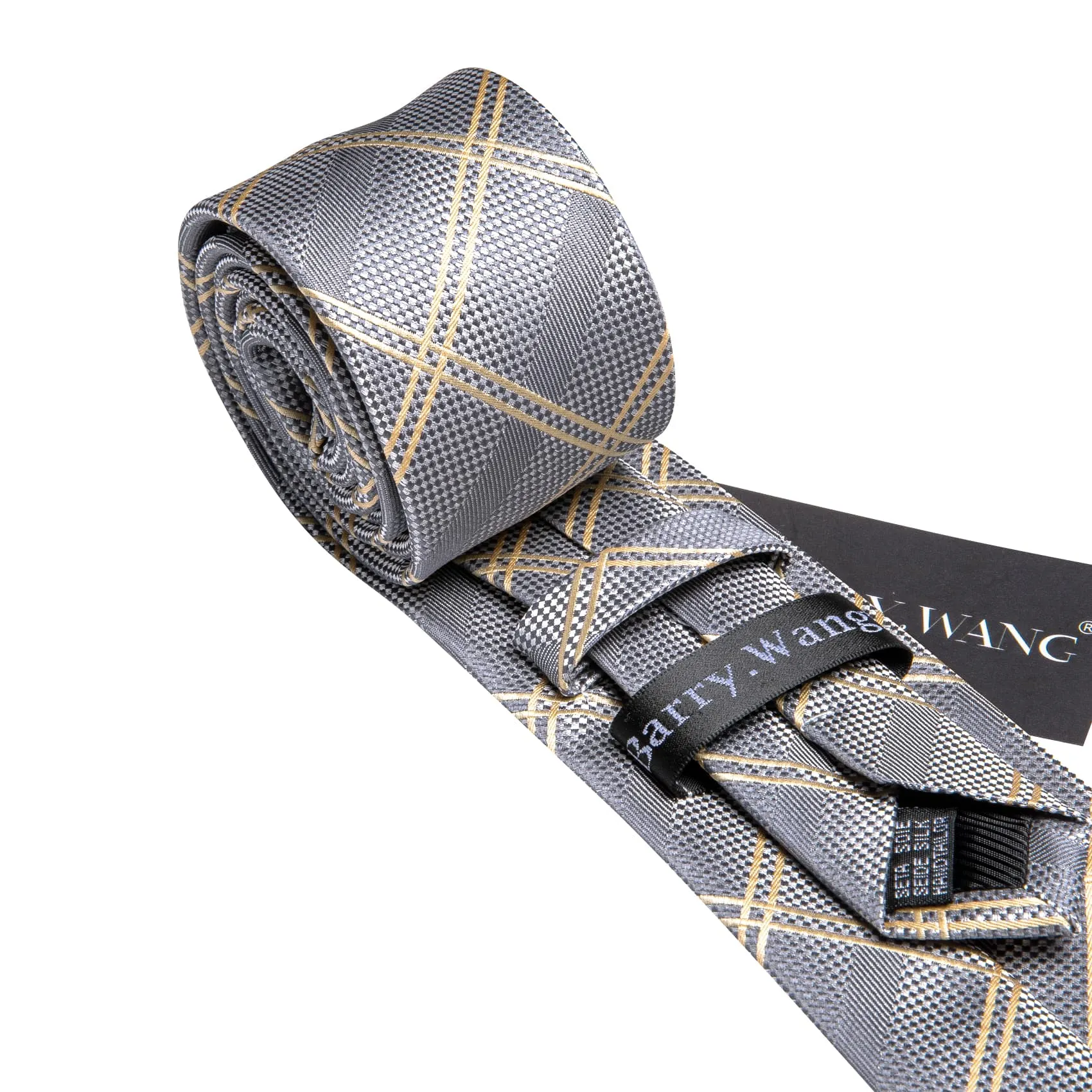 Barry. Wang Mens Grey Plaid Tie Beige Checkered Necktie Set sold by Barrywang product image thumbnail 4