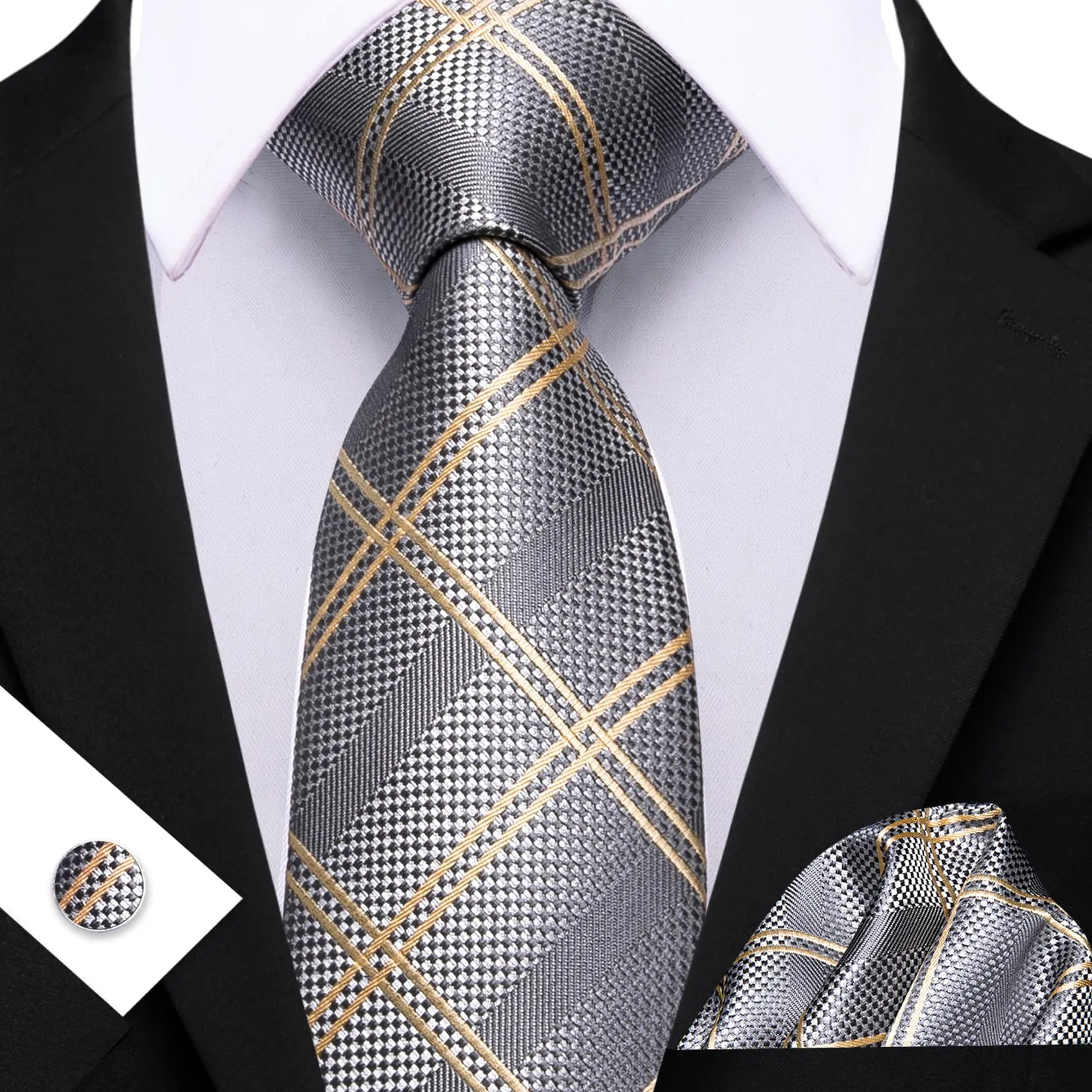 Barry. Wang Mens Grey Plaid Tie Beige Checkered Necktie Set sold by Barrywang