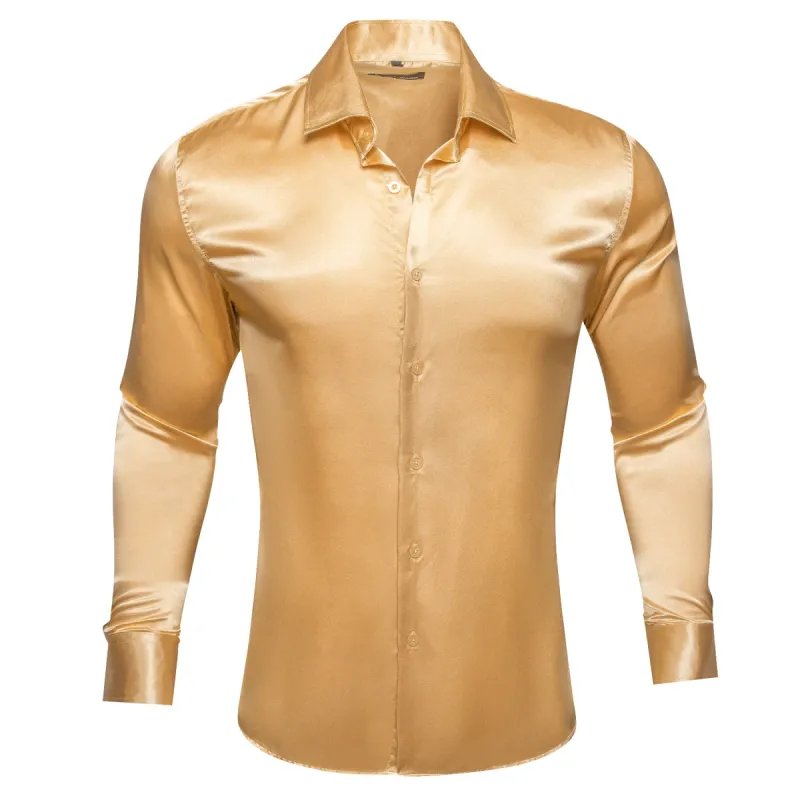 Barry Wang Gold Champagne Tops Goldenrod Solid Silk Button Up Shirt sold by Barrywang