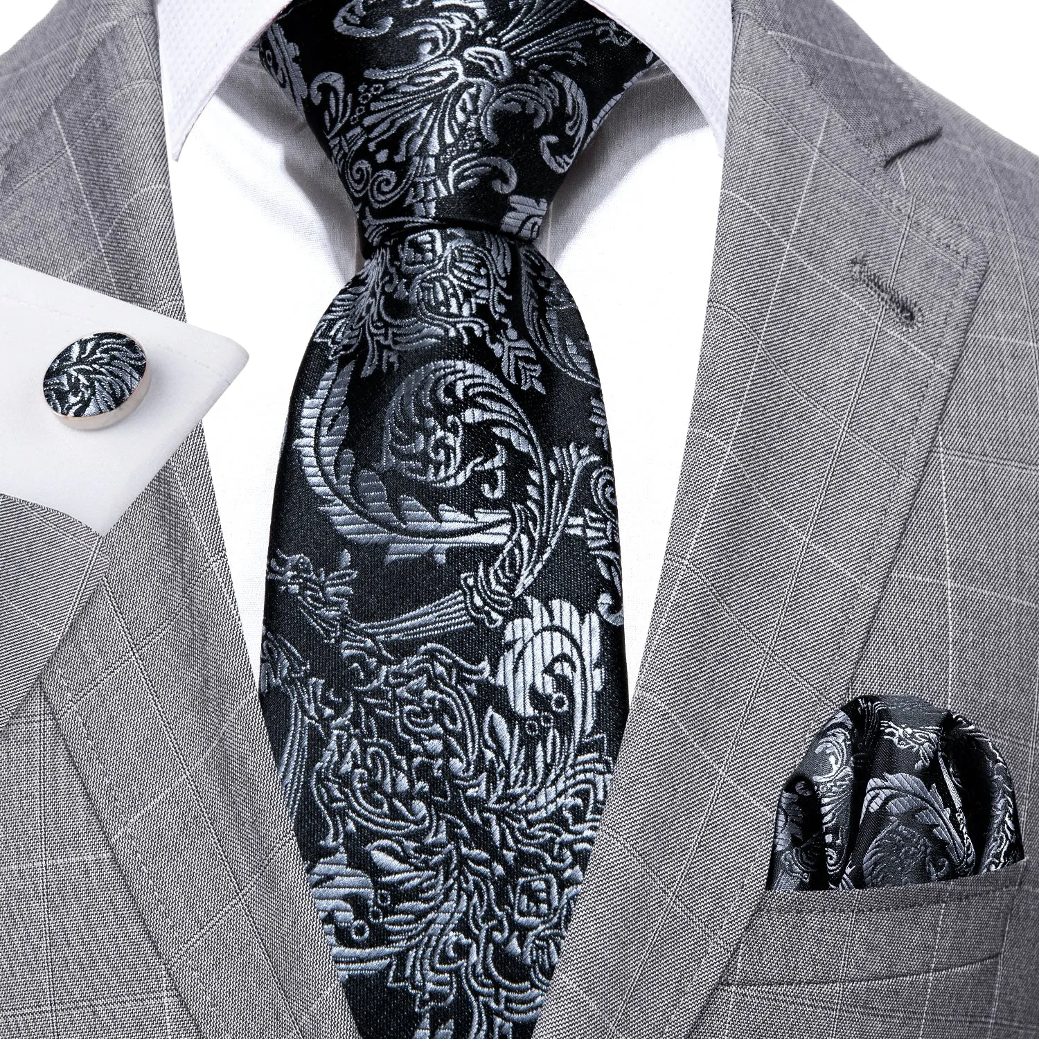 Barry. Wang Beautiful Black Grey Floral Tie Pocket Square Cufflinks Set sold by Barrywang product image thumbnail 2