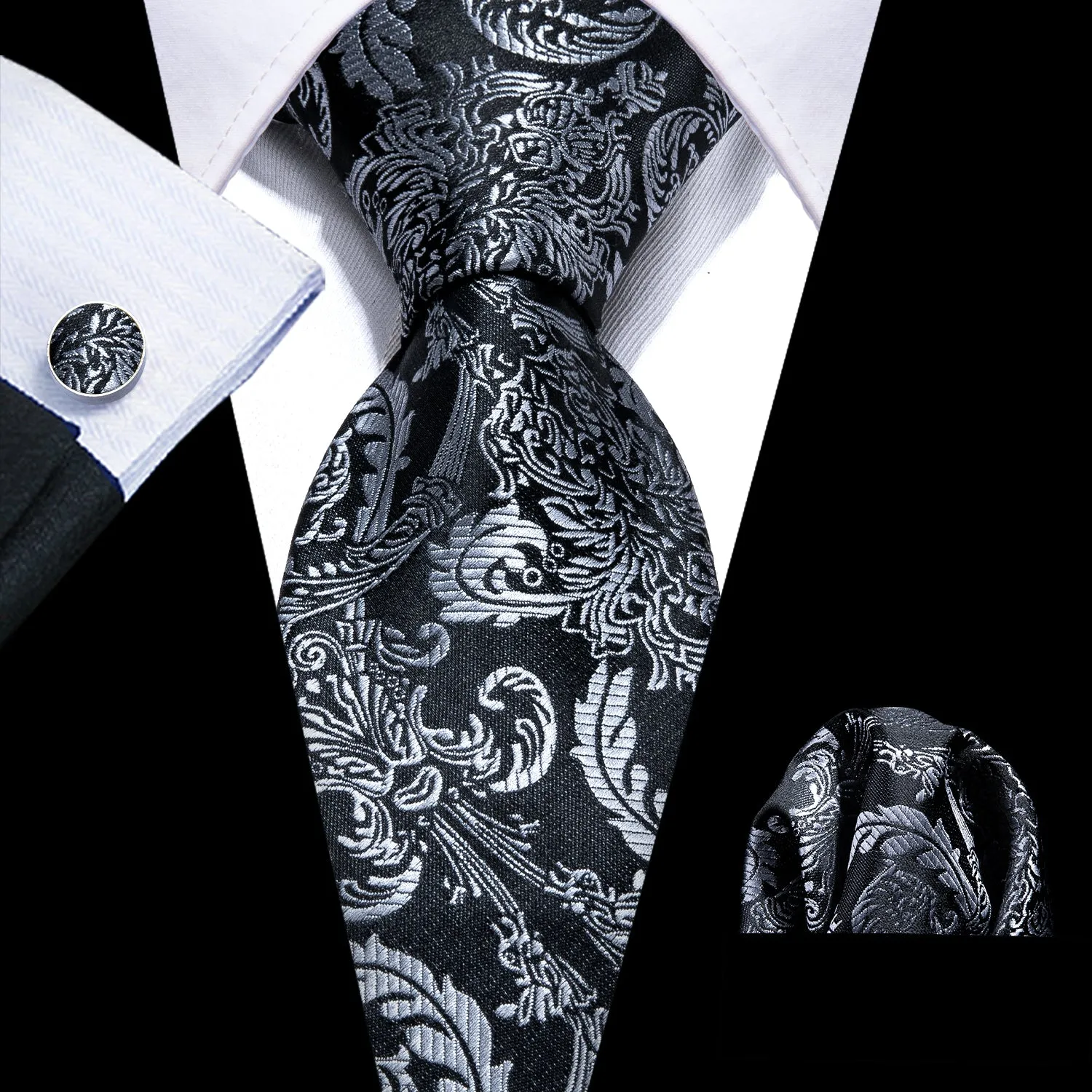 Barry. Wang Beautiful Black Grey Floral Tie Pocket Square Cufflinks Set sold by Barrywang