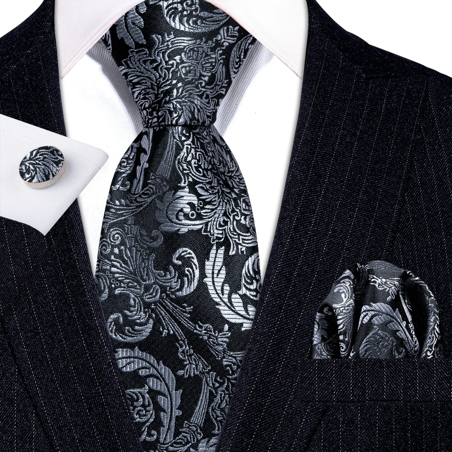 Barry. Wang Beautiful Black Grey Floral Tie Pocket Square Cufflinks Set sold by Barrywang product image thumbnail 4