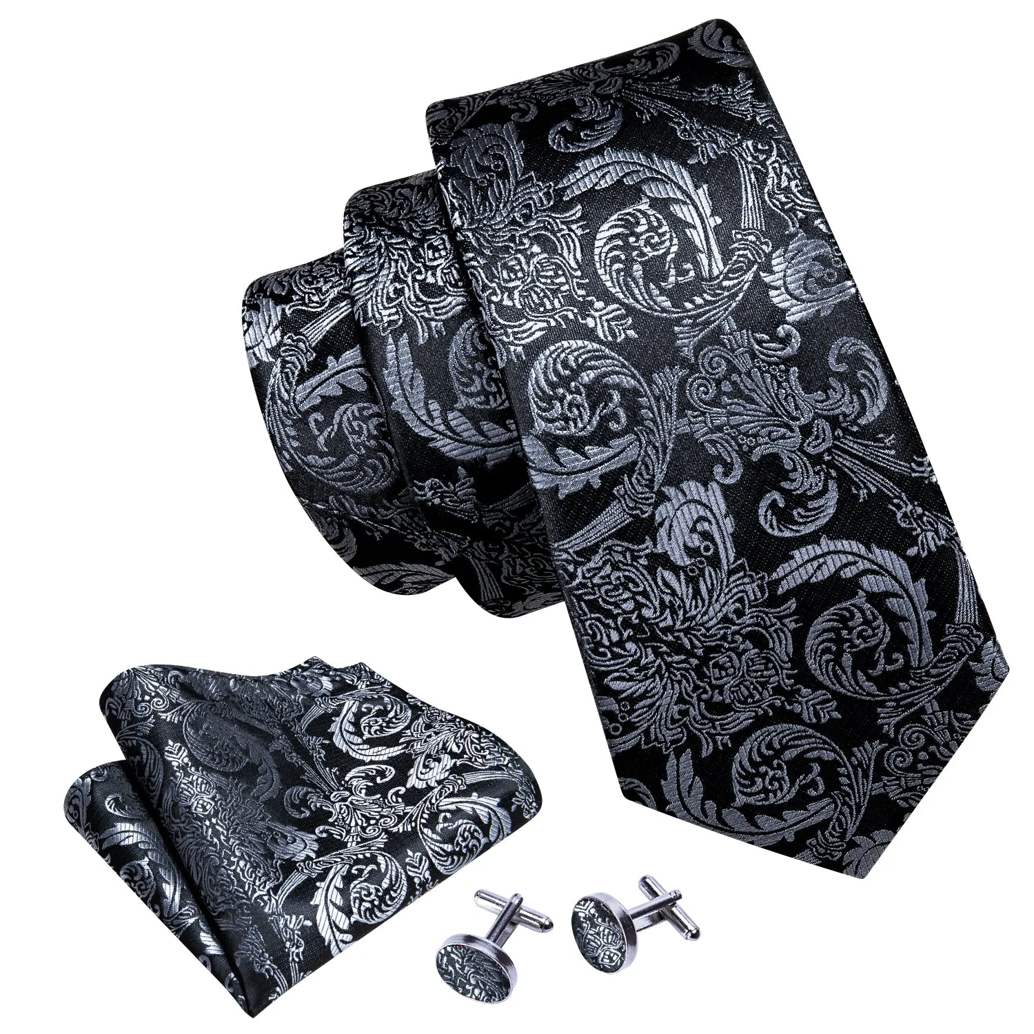 Barry. Wang Beautiful Black Grey Floral Tie Pocket Square Cufflinks Set sold by Barrywang product image thumbnail 5