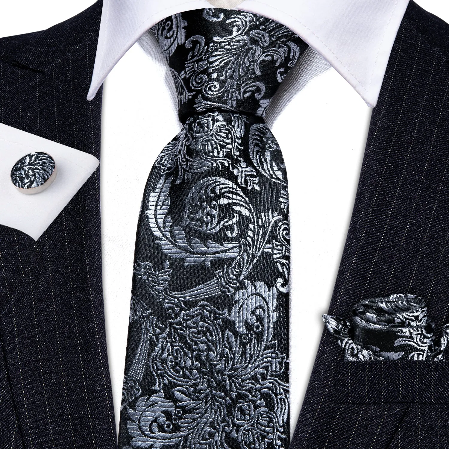 Barry. Wang Beautiful Black Grey Floral Tie Pocket Square Cufflinks Set sold by Barrywang product image thumbnail 3