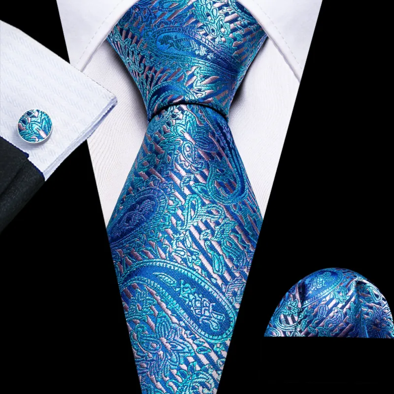 Barry Wang Blue Purple Paisley Silk Tie Pocket Square Cufflinks Set sold by Barrywang
