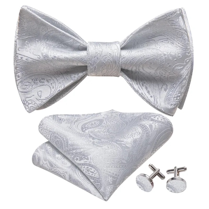 Barry. Wang White Paisley Self Tie Bow Tie Hanky Cufflinks Set for Men sold by Barrywang