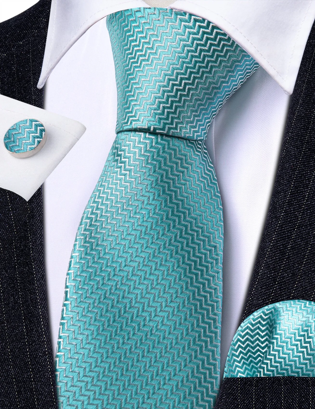 Barry Wang Pale Blue Ripple Silk 63 Inches Extra Long Mens Necktie Set sold by Barrywang product image thumbnail 3