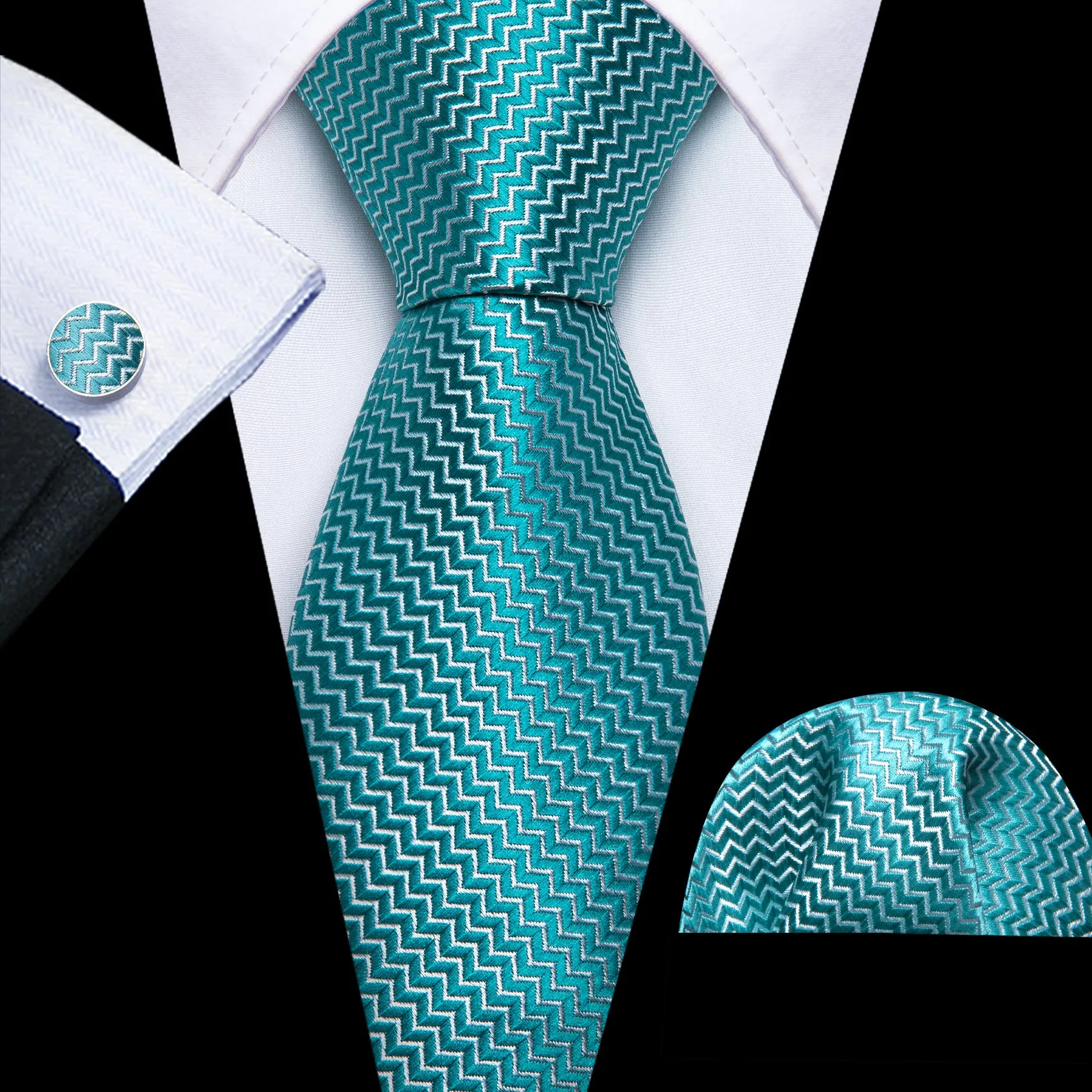 Barry Wang Pale Blue Ripple Silk 63 Inches Extra Long Mens Necktie Set sold by Barrywang